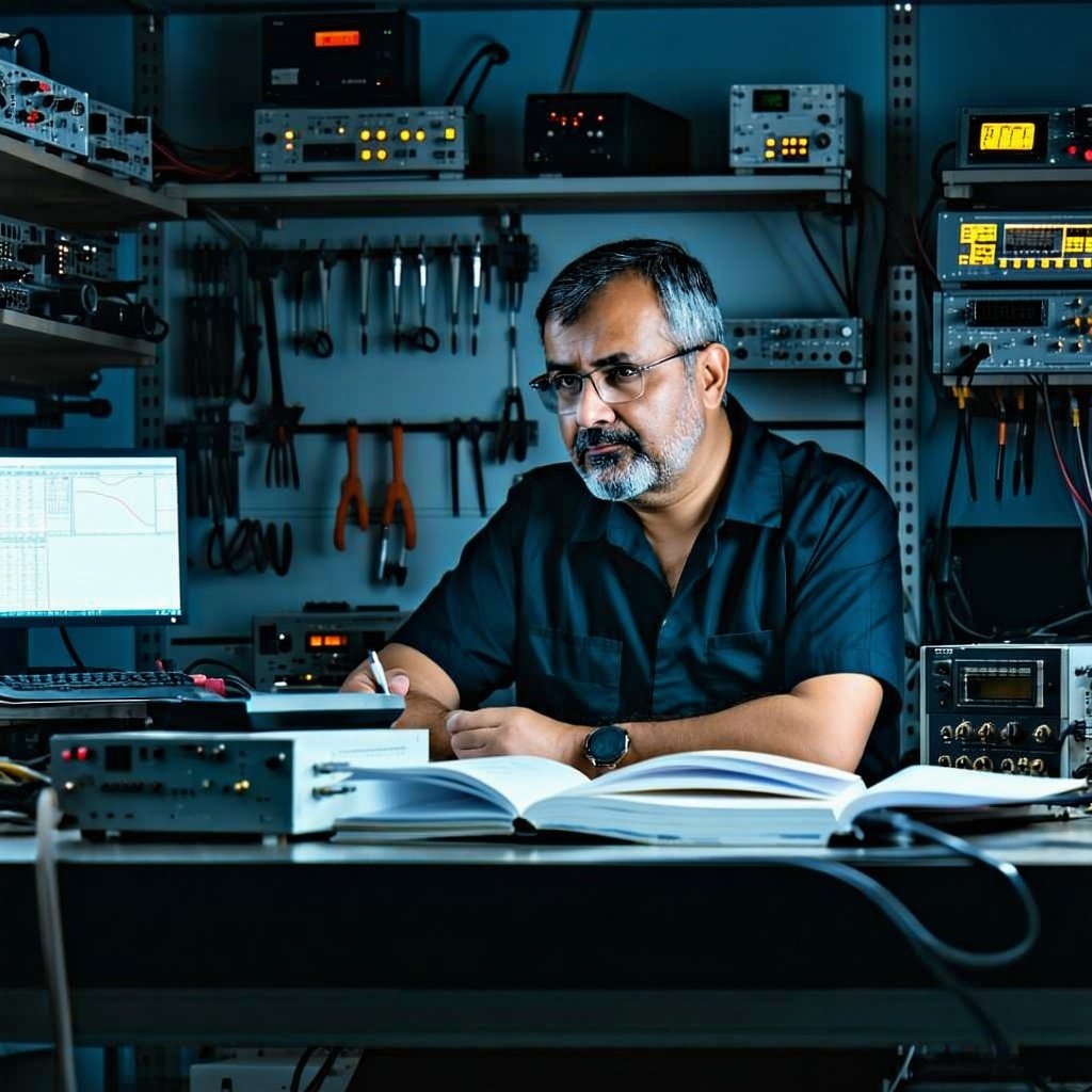 A pensive electronics technician is seated at his workbench Surrounded by an array of tools and measurement devices he focuses intently on the digital readouts occasionally referencing technical manuals all while maintaining a serene demeanor that re-1
