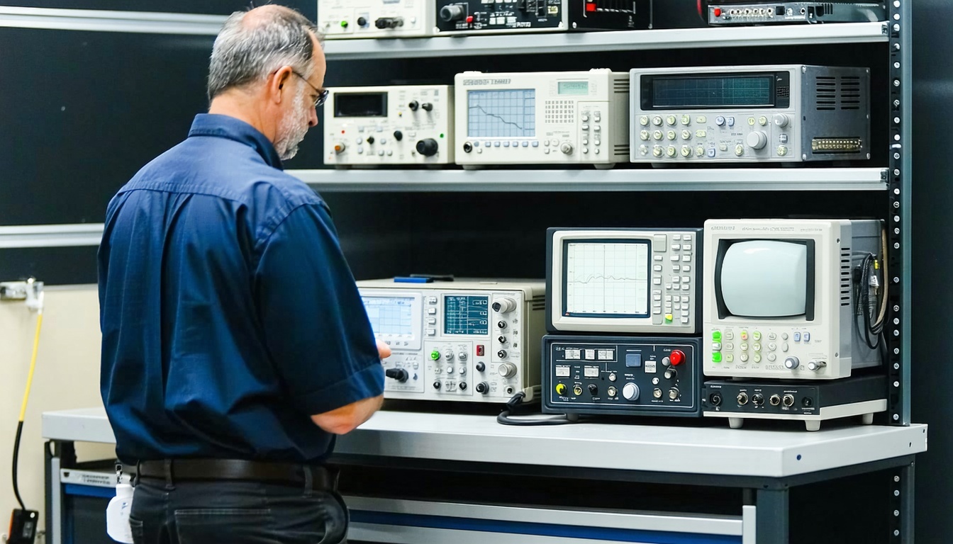 A technician is standing or sitting next to an electronics bench with test equipment that is used in a service and repair facility The technician is looking at the test equipment-2