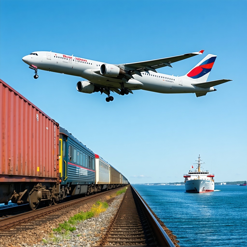An image of a train commercial plane in the sky and boat at sea-1