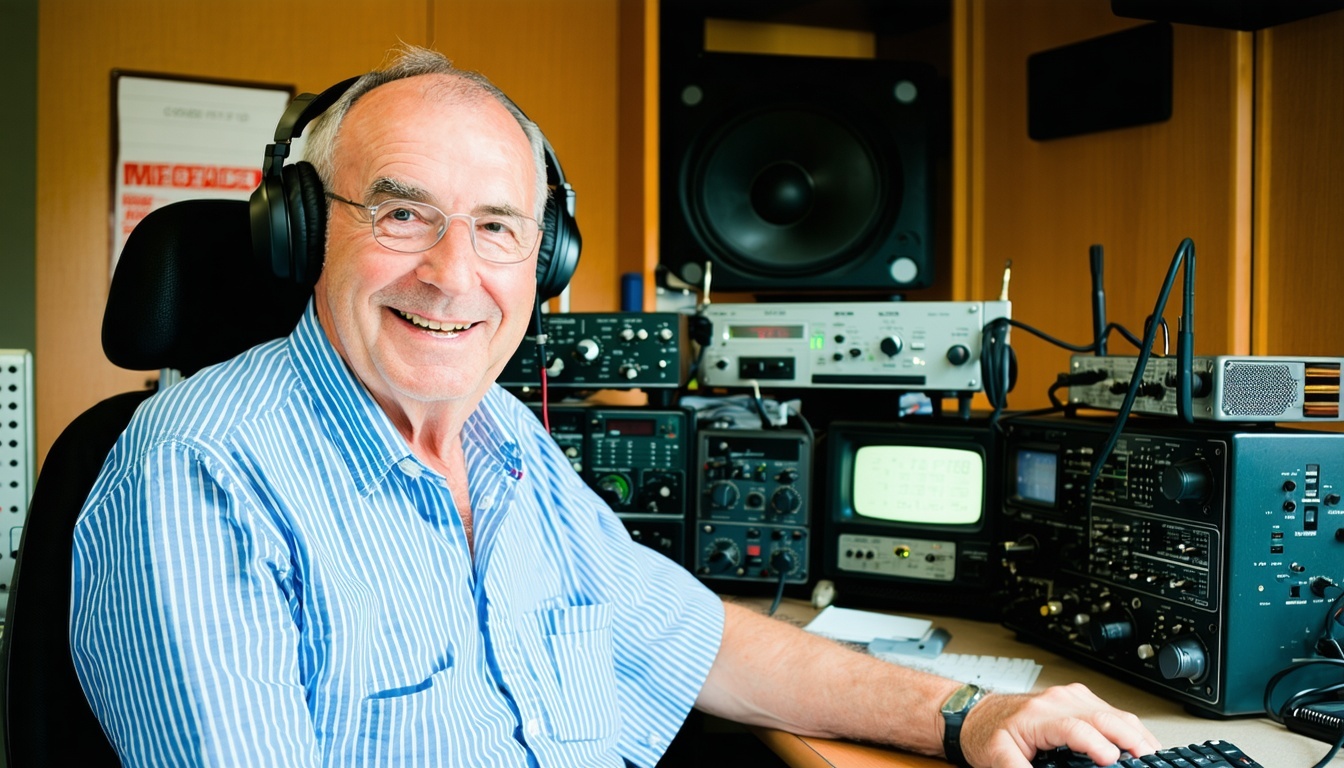 Enthusiastic middleaged radioamateur at his station