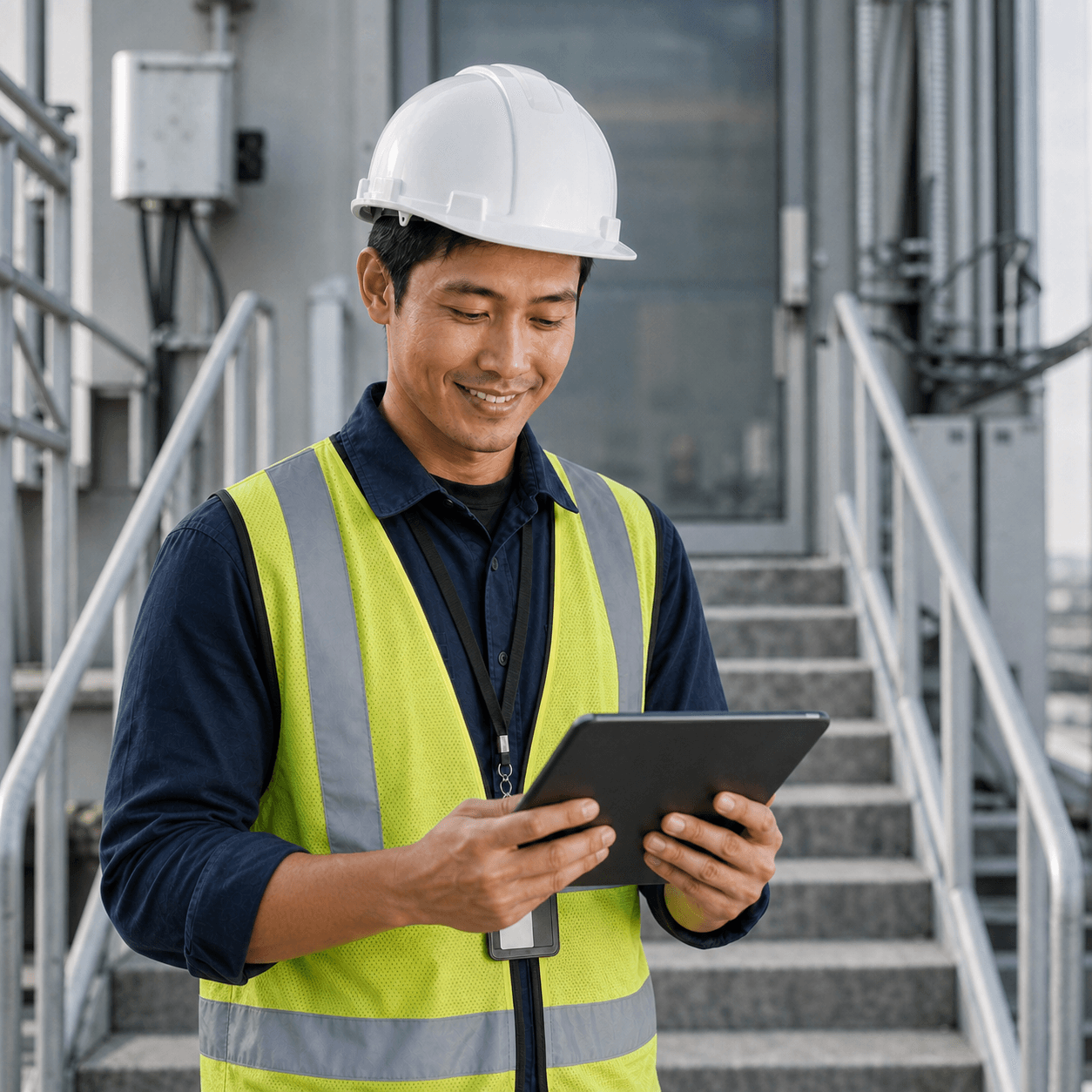 Technician Holding Tablet Facing Him At Steps