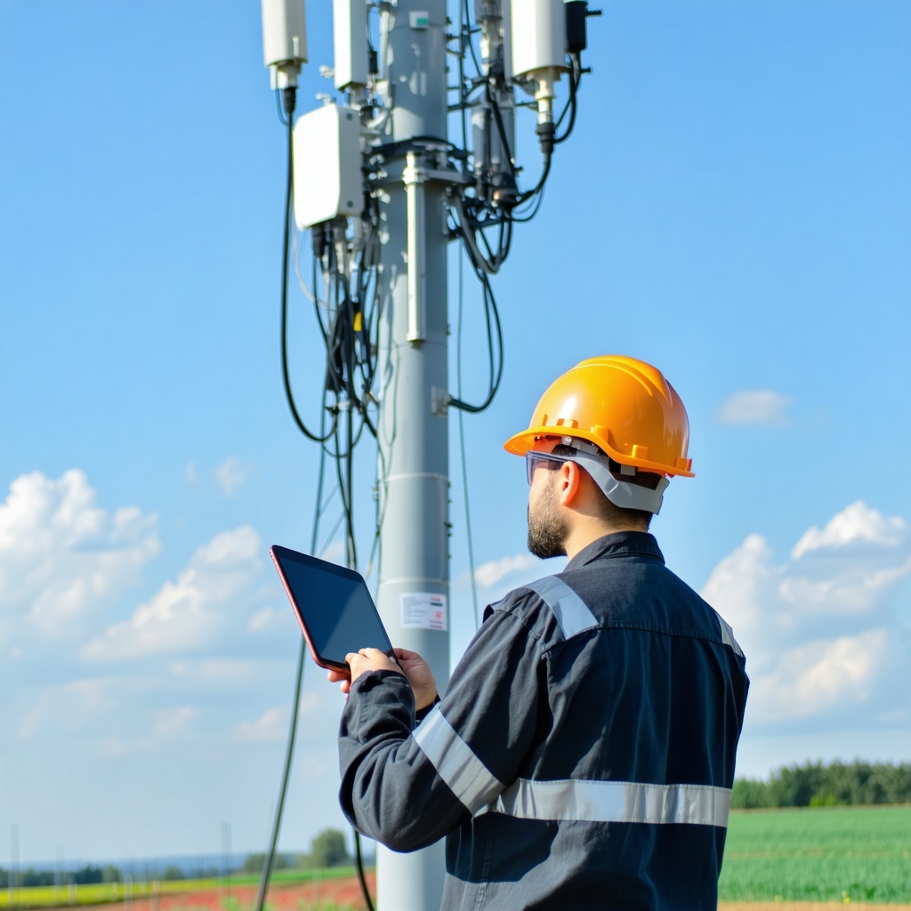 Test technician outside looking at cell tower
