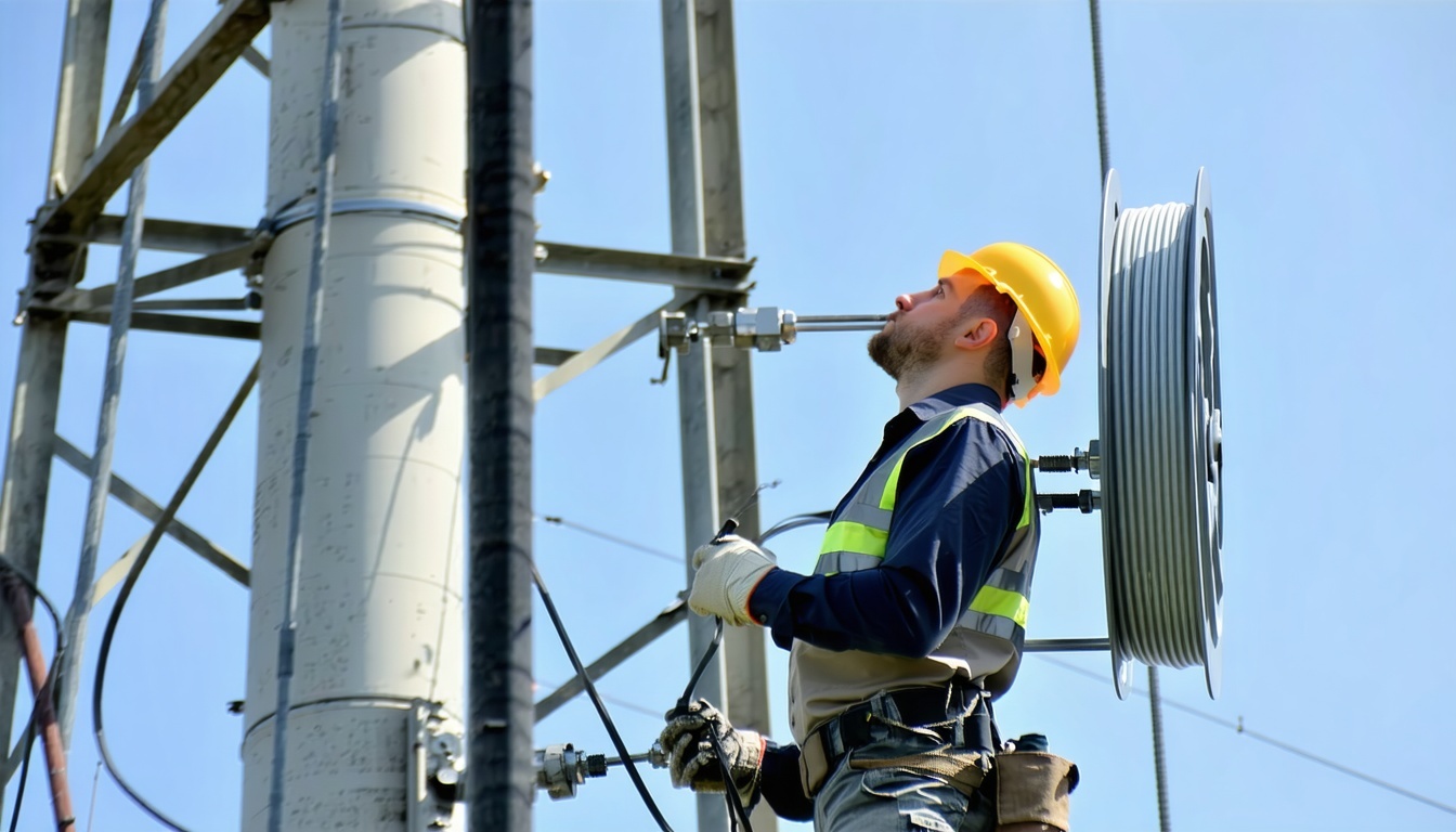 an image that has a technician at the base of a cellular tower looking up The technician has a spool coaxial cable in his hands-3