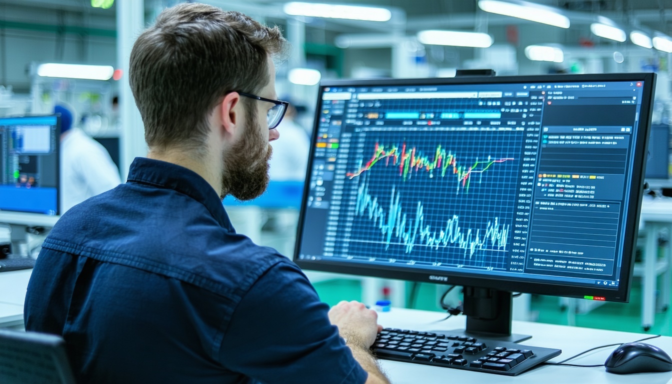male engineer viewing test results on a computer monitor with a semiconductor cleanroom in the background