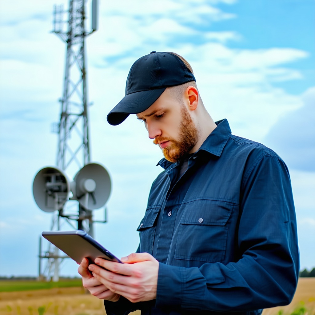 pensive technician looking at a tablet with a cellular tower in the background-1