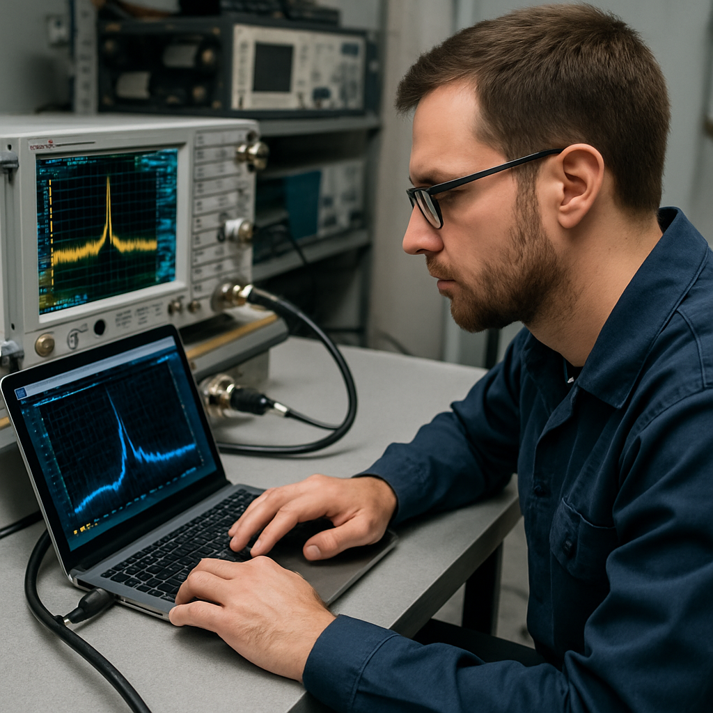 photographic Engineer or technician in action  working with rf test equipment analyzing data on a laptop