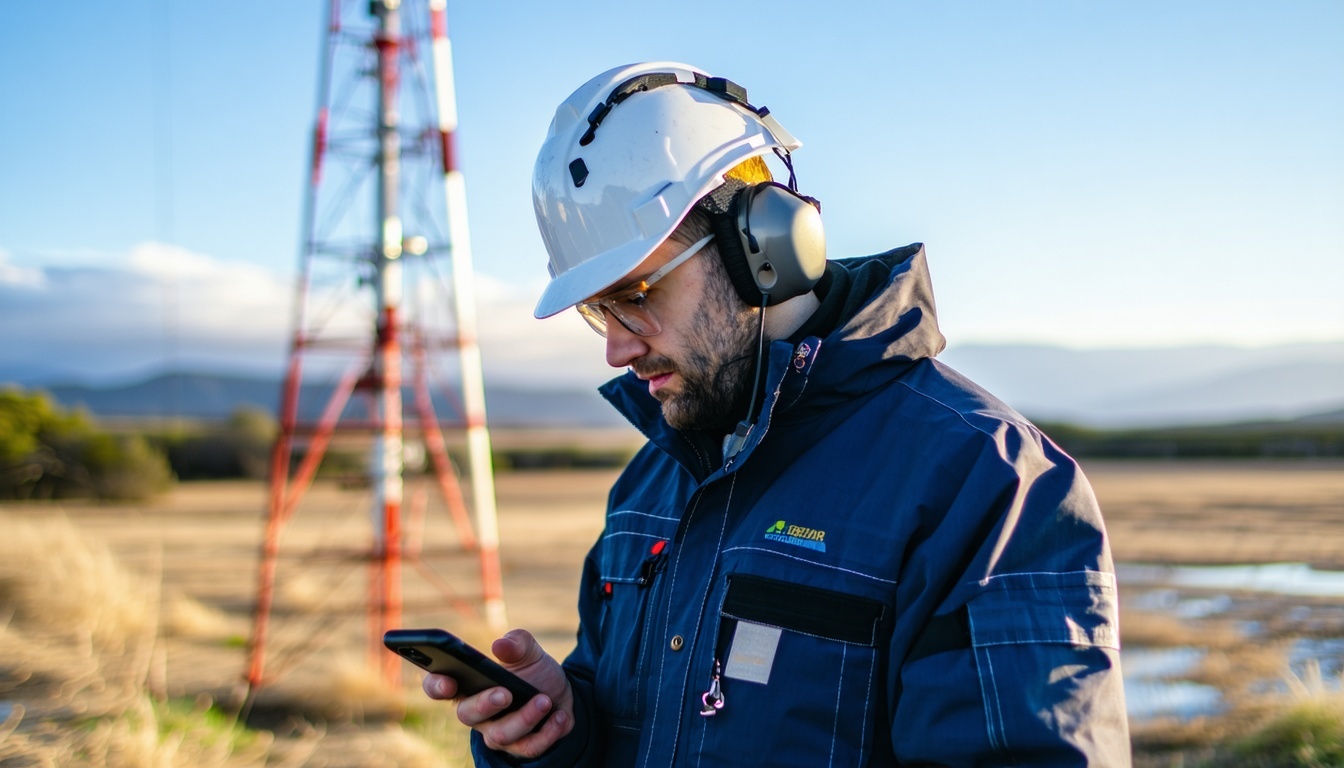 rf technician in a remote location with antenna in background on a phone-1
