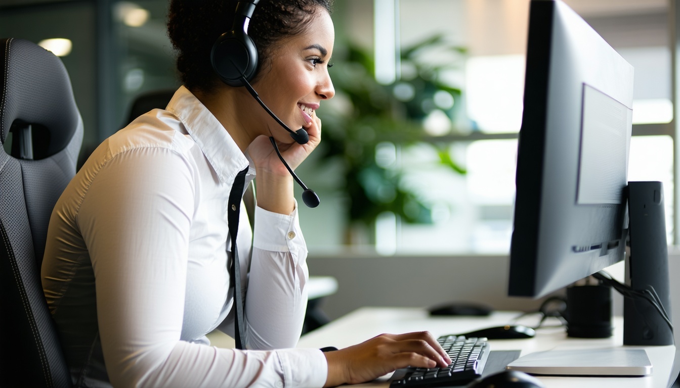 side view of customer service rep on phone working on computer in a distance business casual-3