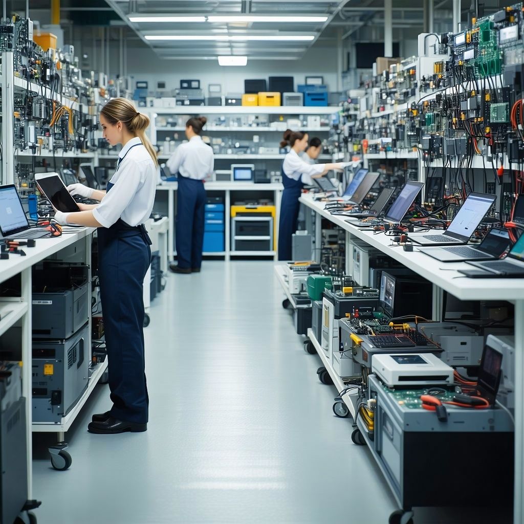 The electronics service center is a bustling hub filled with various electronic devices awaiting repair or testing Technicians equipped with specialized tools and diagnostic equipment meticulously examine and troubleshoot a range of gadgets from smar