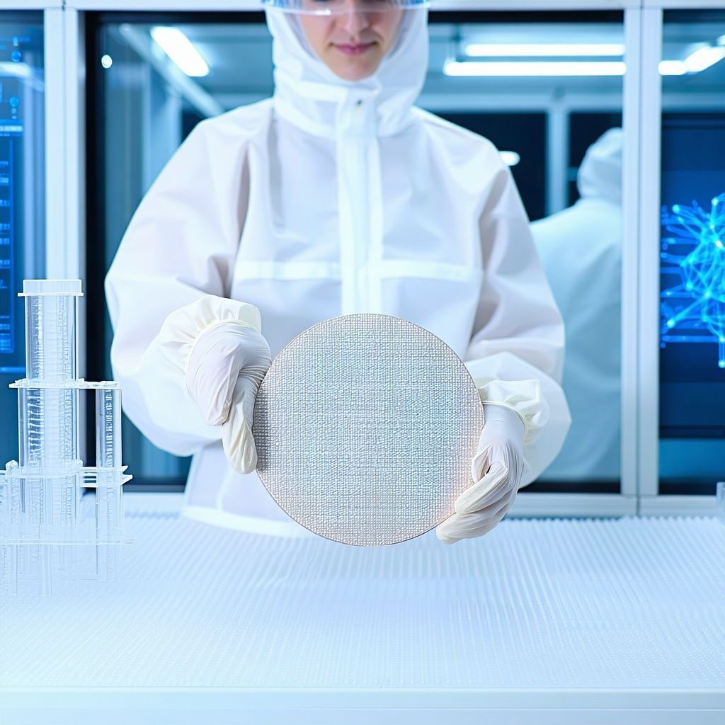 person in clean room suite holding a semiconductor wafer The image must be a round semiconductor wafer-1